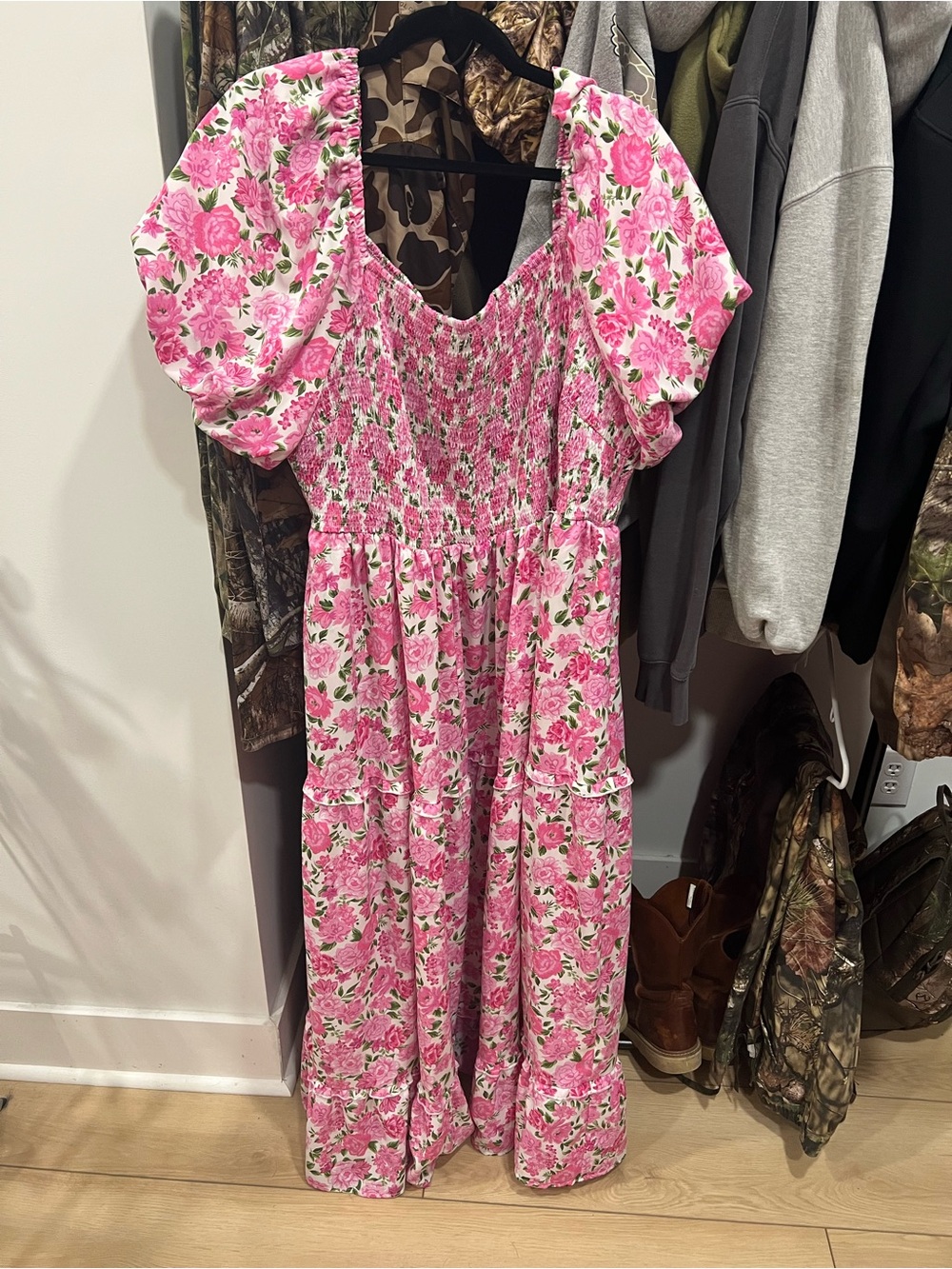 4X Pink Floral Smocked Maxi Dress with Puff Sleeves